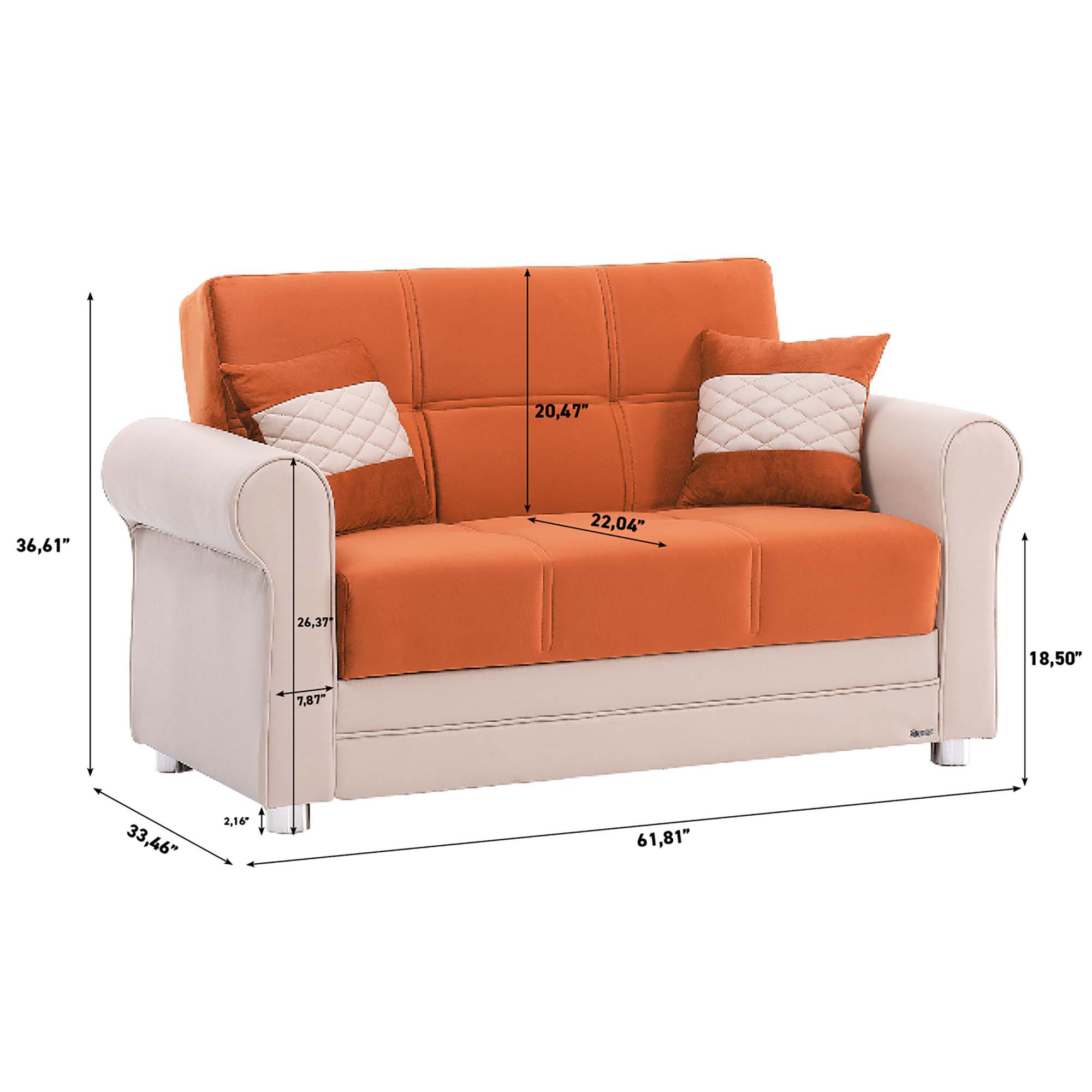 Ottomanson Convertible Sleeper Loveseat with Hidden Storage, Firm Seating, Orange