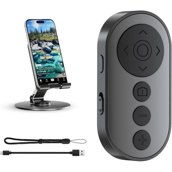 Bluetooth Camera Remote Shutter with Zoom and Camera Switch for Photo and Vlogging, Cellphone Remote Clicker for iOS & Android Smartphone, Wireless Video Scrolling with Metal Phone Stand for Tiktok