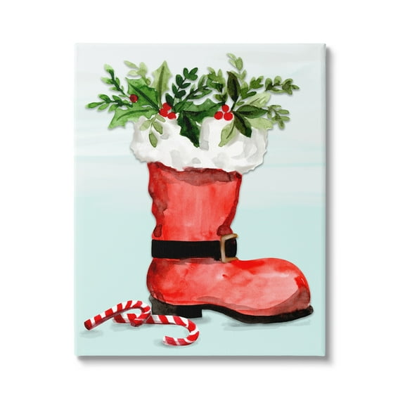 Red Santa Boot Holly Botanical Bouquet Candy Canes Botanical & Floral Painting Gallery-Wrapped Canvas Print Wall Art