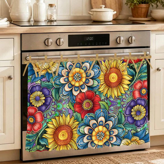 Oven Skirt Curtain for Kitchen 21.5x30 Inch, Boho Colorful Floral Oven Curtain with 8 Ribbon Ties & Ruffle Trim, Stove Skirt Curtain Dishwasher for Cabinets Spring Flower Botanical Sunflowers Plant