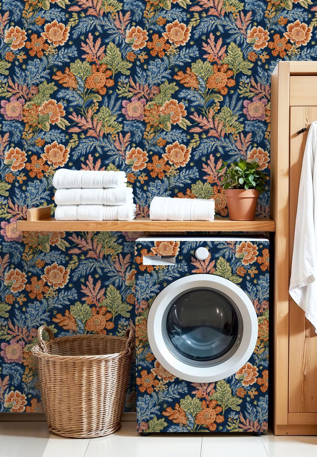Vintage Peel and Stick Wallpaper Floral Orange Pink Flowers Dark Blue Wall Mural 17.7in x 9.8ft Self Adhesive Removable Wall Paper Renter Friendly Wallpaper for Nursery Bedroom Cabinets