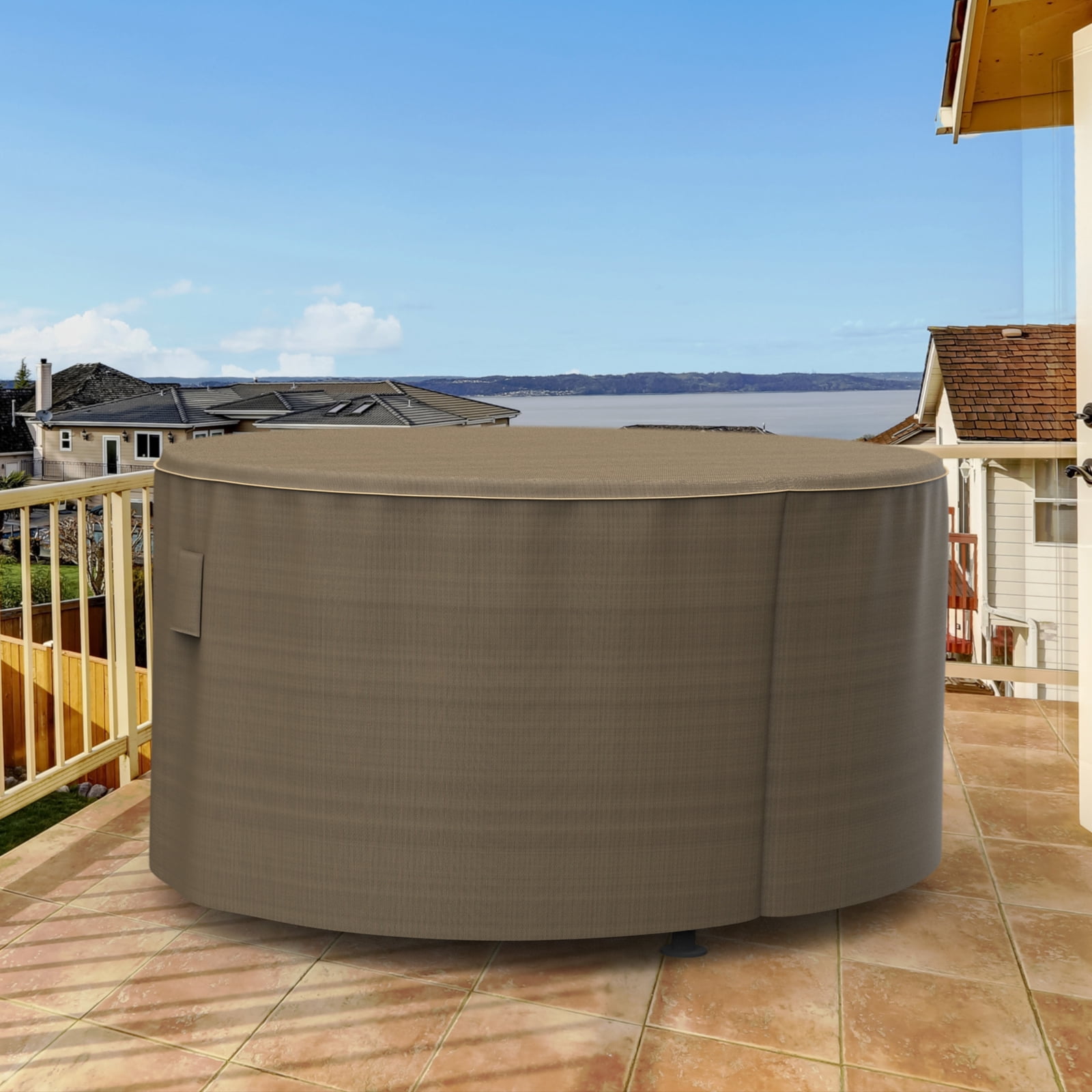 Budge Medium Black and Tan Patio Round Table Cover, StormBlock™ Hillside
