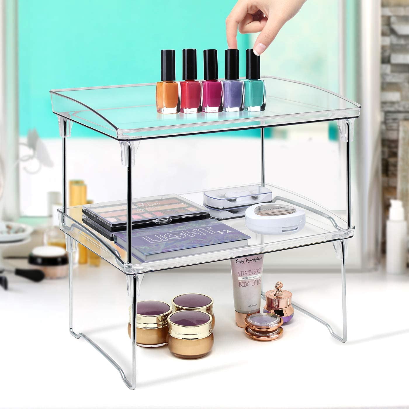 Sorbus Stackable Shelves for Cabinets & Countertop - Storage Shelf Organizer Stand Racks- Foldable Two Shelves, Clear Plastic/Metal