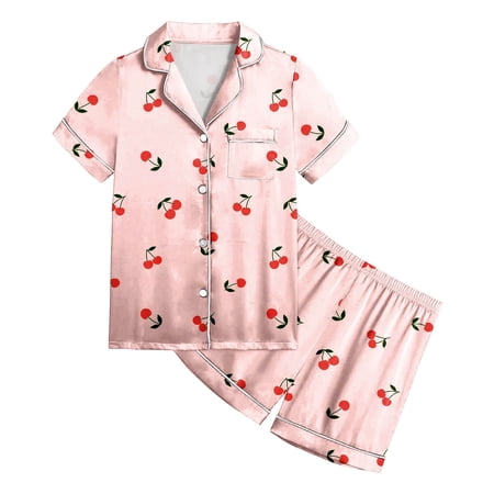 XAOFW Girl s Outfit Sets Short Sleeve Lapel Cherry Print Button Down Shirts And Shorts Kids Two Piece Home Wear Outfits Casual Daily Wear Stylish Comfortable Children Clothing Sets