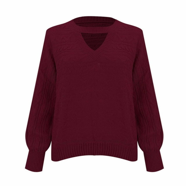 WTXUE V Neck Pullover Sweater Tunic Sweatshirt Casual Sweaters Choker Neck Cut Out Fall Pullover Sweaters Oversized Drop Shoulder Knit Tops Mesh Sweaters Basic Tops Long Sleeve Sweater Red S