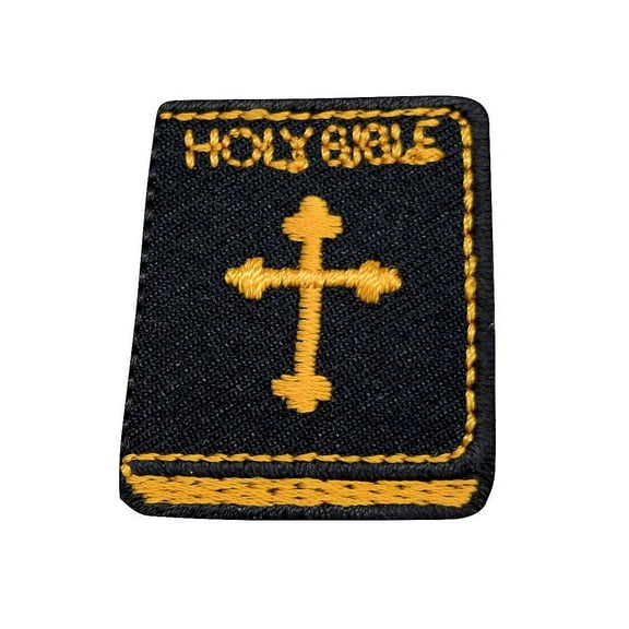 Black/Yellow Gold - Holy Bible - Cross - Iron on Applique/Embroidered Patch