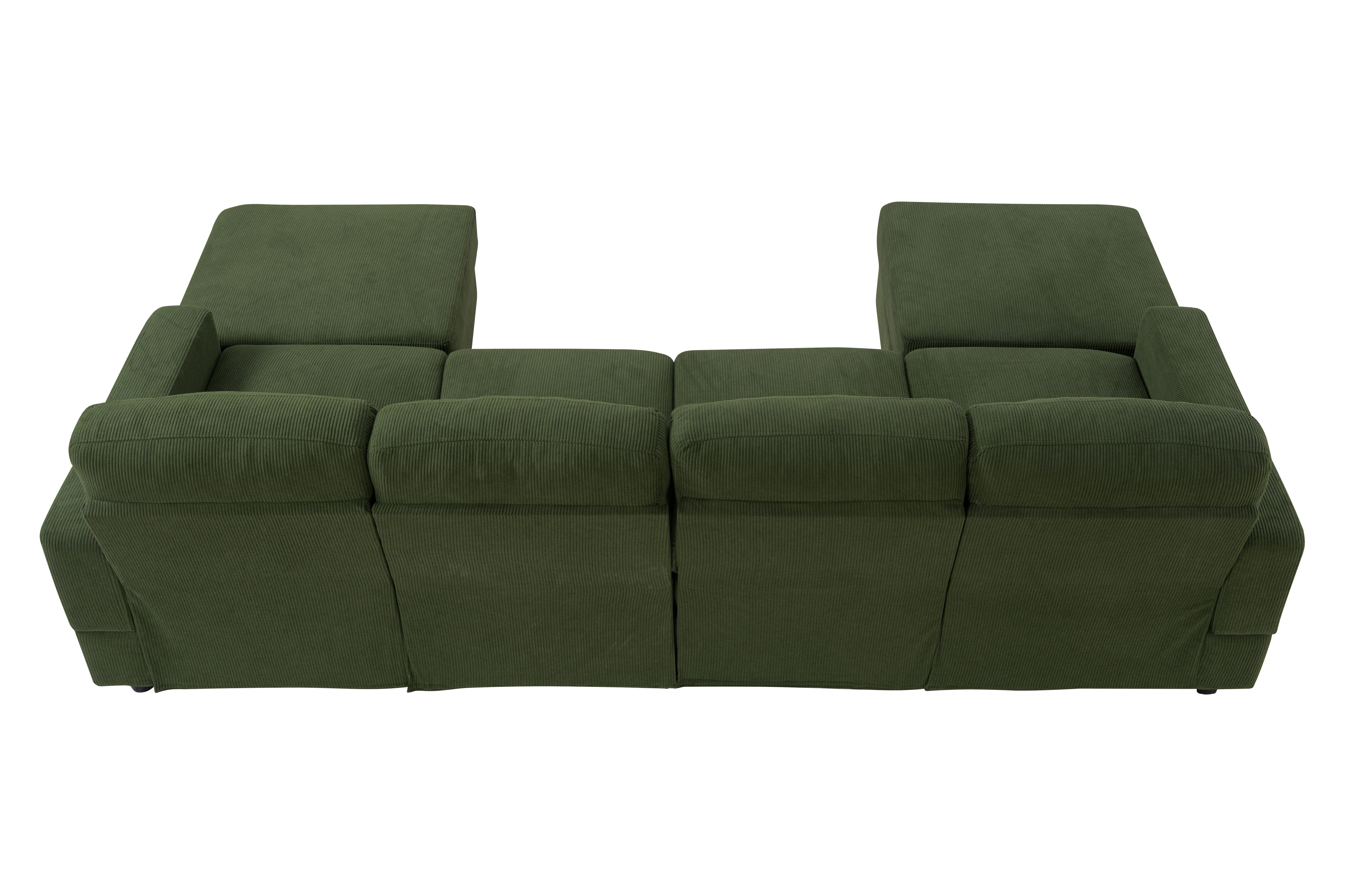 98.8 Inch Oversized U-Shaped Sectional Couch, Corduroy Upholstered 4-Seat Double Chaise Sofa with Thick Padding and Solid Plastic Legs for Living Room Family Room, Green