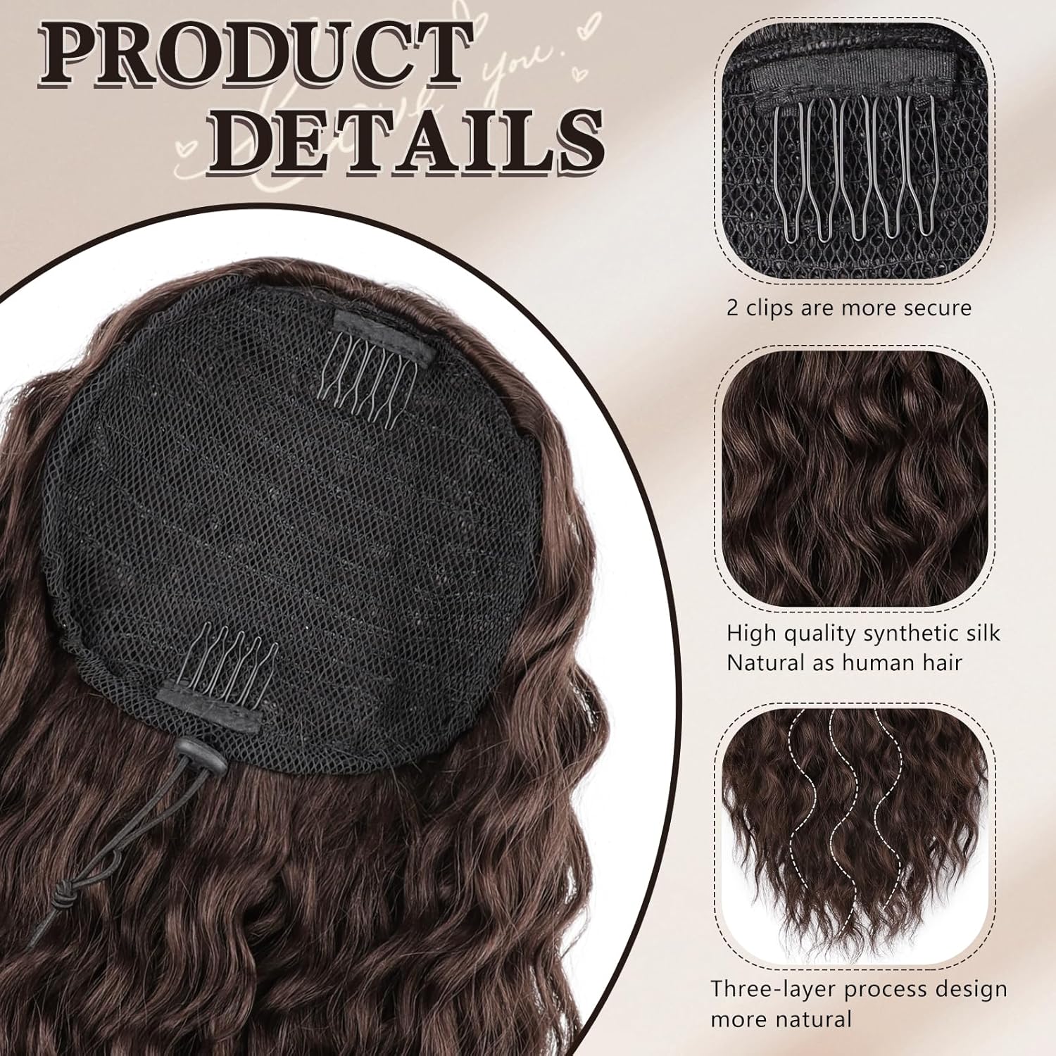 Curly Drawstring Ponytail, Dark Brown Synthetic Hair Extension, 20 Inch Long Curly Wavy Clip-in Ponytail for Women