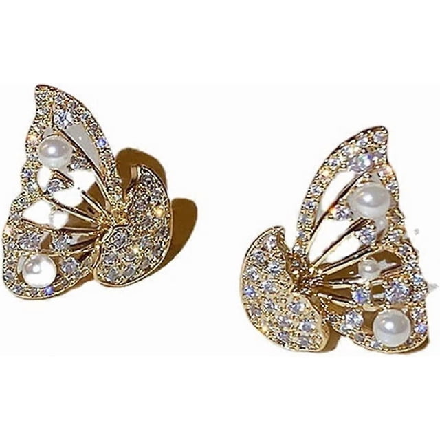 Fashionable Elegant Gorgeous Diamond Pearls Butterfly Earrings for Women Girls, Butterfly Wing Earring, Half Butterfly Wing Stud Earrings, Two Ways to