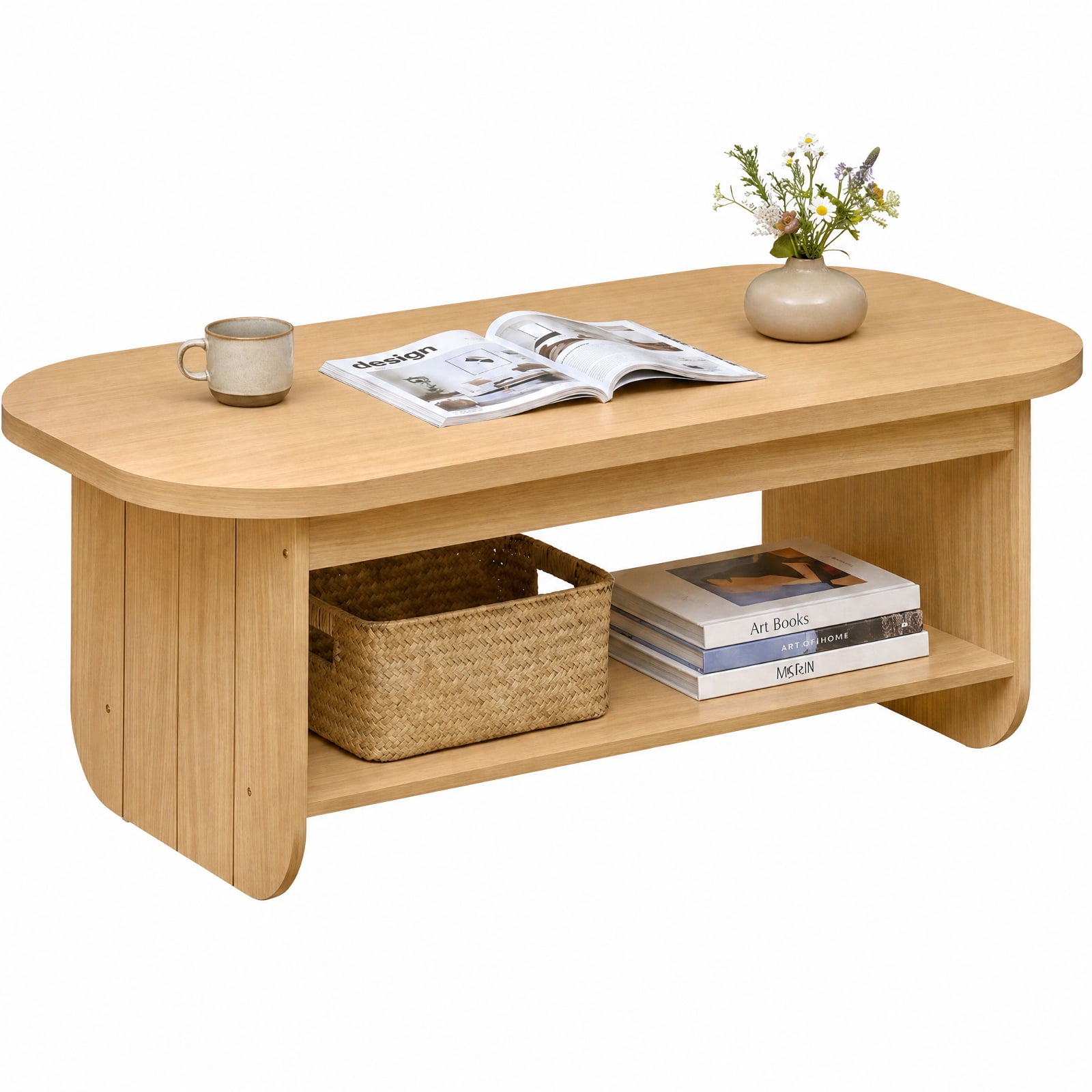 Furnibear 2 Tier Oval Coffee Table with Bottom Storage Shelf and Fluted Design a Mid Century Wood Center Table for the Living Room, Natural