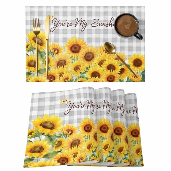 Summer Flowers Placemats Set of 4, Watercolor Sunflower Letter Print Gray Plaid Non-Slip Place Mats Washable Table Mats for Kitchen Dining Table Decorations Indoor/Outdoor