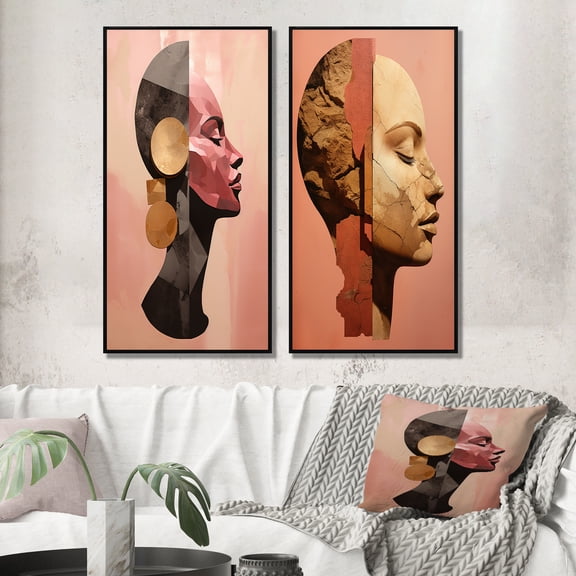 Designart "Chiseled Identity Pink Woman Collage" Abstract Portraits Framed Wall Art Set Of 2 - Transitional Pink Gallery Wall Frame Set For Home Decor