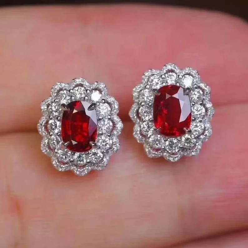 2.50 Ct Oval Cut Simulated Ruby Floral Stud Earrings for Women 14K White Gold Plated