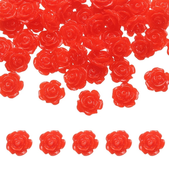 50 Pcs Red Resin Rose Flower Beads, 10mm Flatback Flower Charm Opaque Carve Rose Beads No Hole