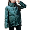 thumbnail image 2 of IROINNID Women's Winter Warm Short Coat Stand Collar Solid Color Puffer Long Sleeve Comfy Outwear, Green, 2 of 7