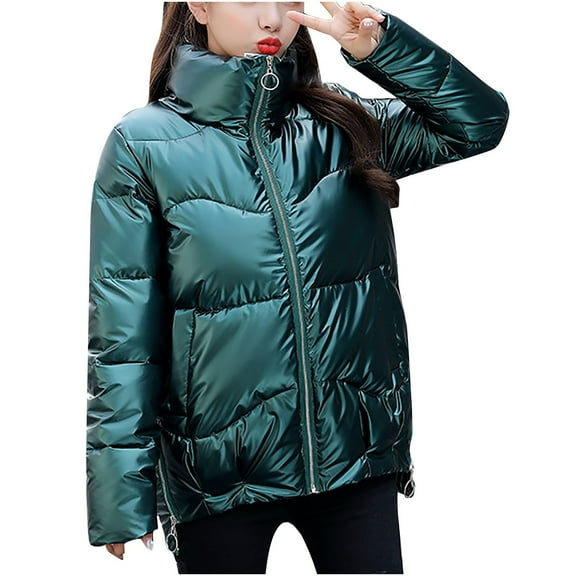 Hvyesh Winter Shiny Puffer Jacket for Women Zipper Stand Collar Padded Jackets Warm Long Sleeve Coats Outwear Loose Windproof Puffer Coats
