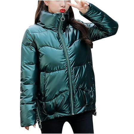 Zodggu Glossy down Puffer Short Coat Jackets Stand Up Collar Solid Women Fashion Loose Casual Hoodless Zip Up High Neck Loose Long Sleeve Warm Blouse Female Outerwear Green XXL