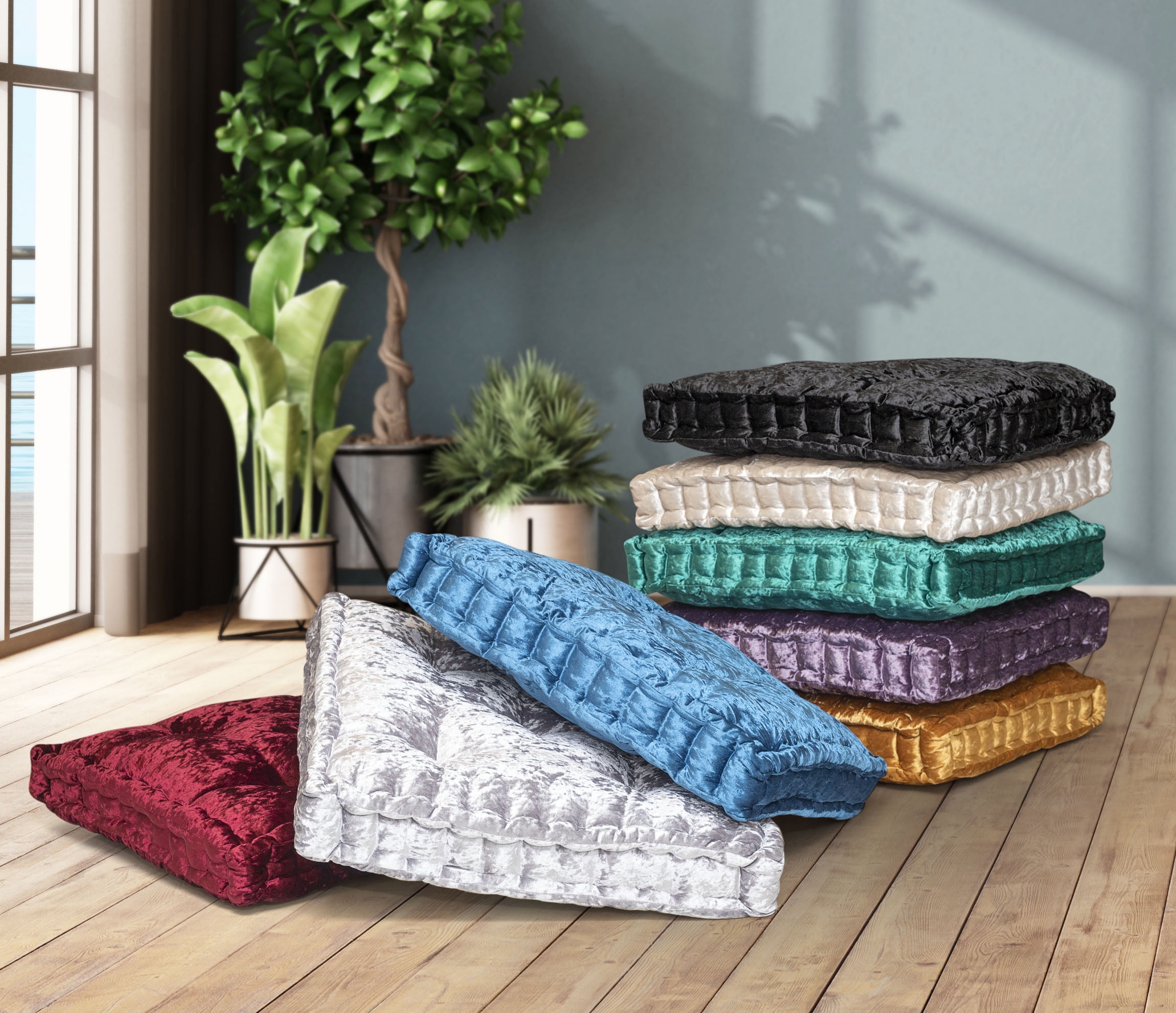 Better Homes & Gardens Crushed Velvet Tufted Square Floor Cushion, Teal