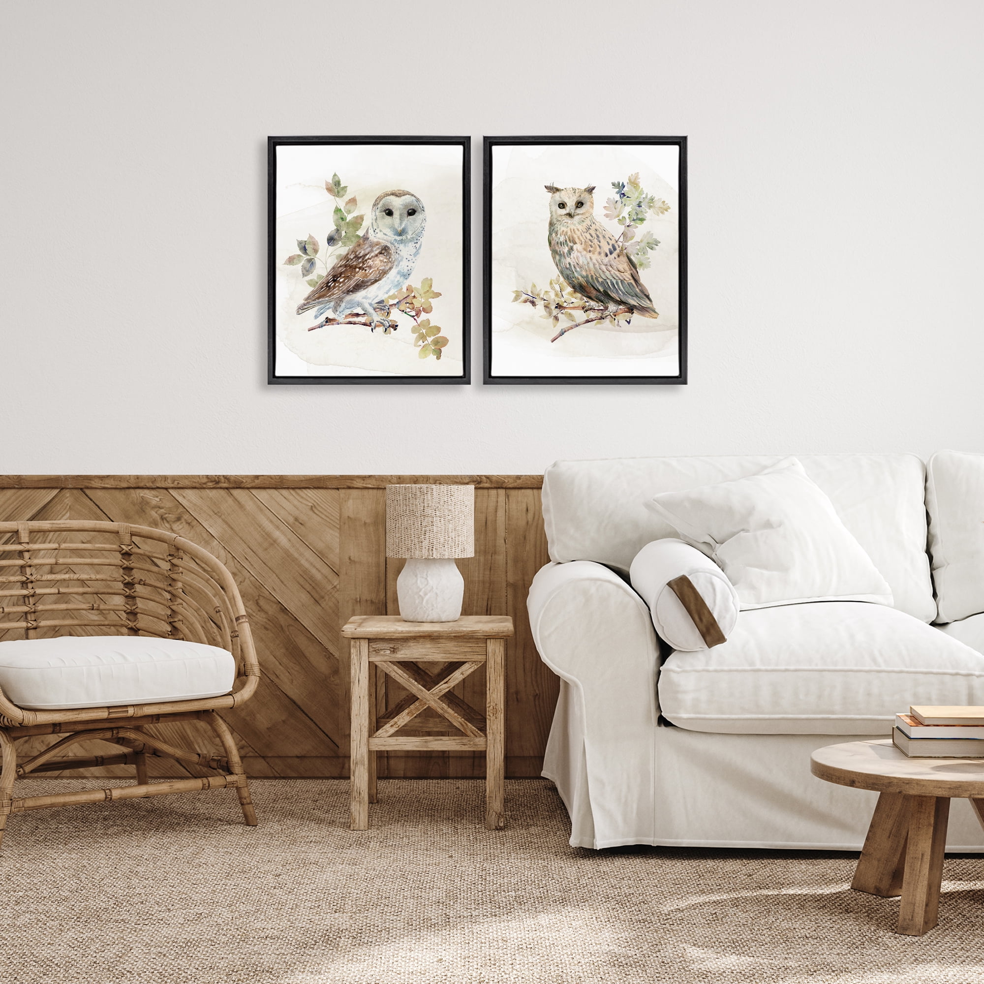 Stupell Industries Owls Perched in Foliage 2 Piece Black Framed Floater Canvas Set, design by CAD Designs