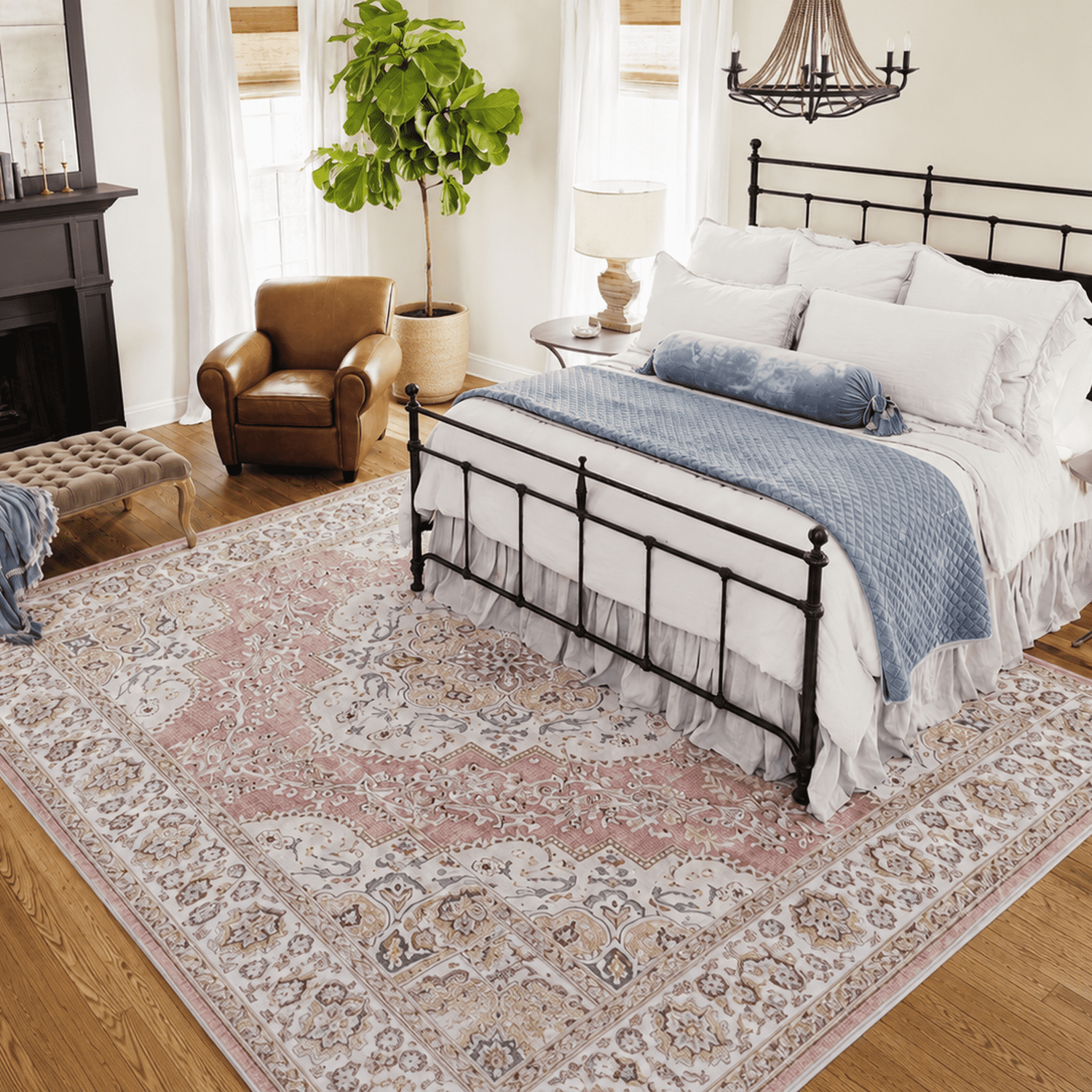 Wondiair 5'x7' Rose Pink Persian Floral Area Rug Carpet, Machine Washable Non-Slip for Living Room & Bedroom