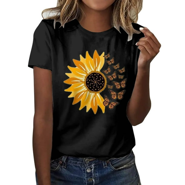 Gibobby Camiseta de manga corta para mujer Girasol Impreso O Cuello Camiseta Mujer Loose Fit Floral Impreso Camiseta Ropa Mujer(Negro,XL)
