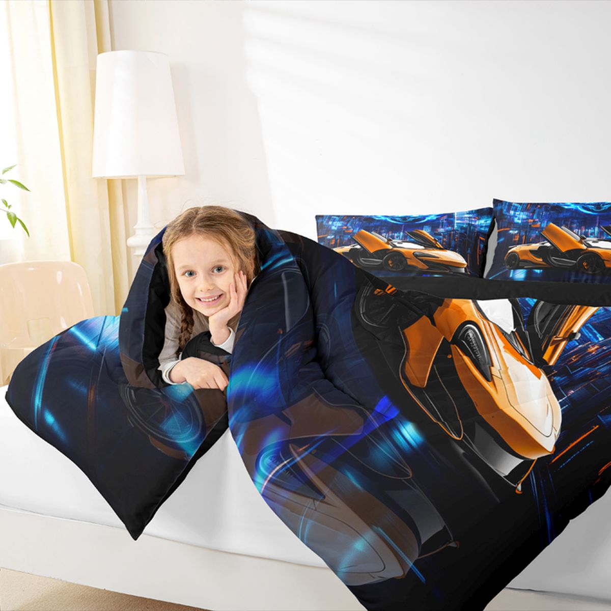 Feelyou Speed Sports Lover Bedding Comforter Set for Child, Fashion Automobile Twin Comforter Sets, Neon Stripes Lines Reversible Bedding Set, Lightweight Room Decor, 2-Piece