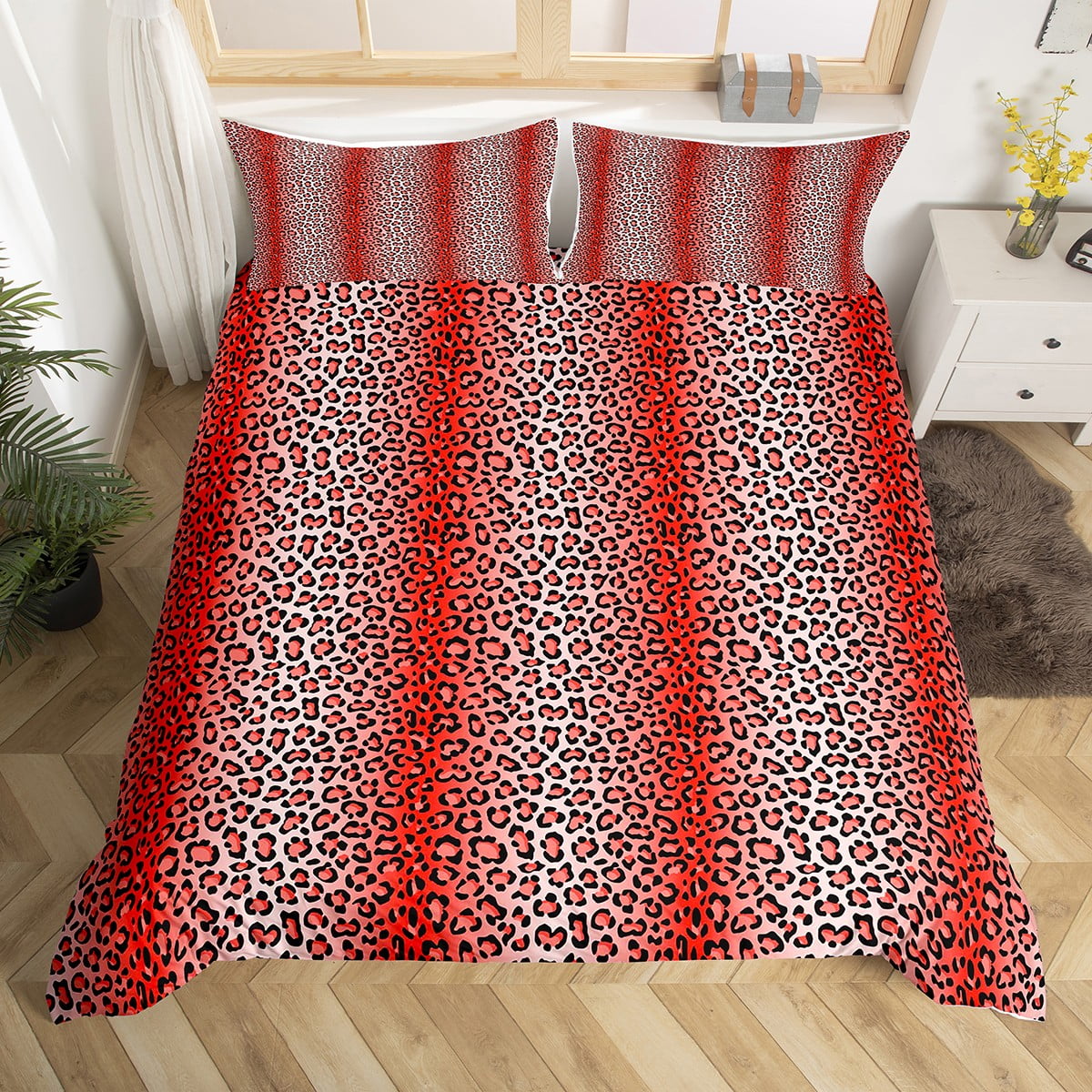 YST Red Cheetah Print Duvet Cover Full Leopard Bedding Set, Ombre