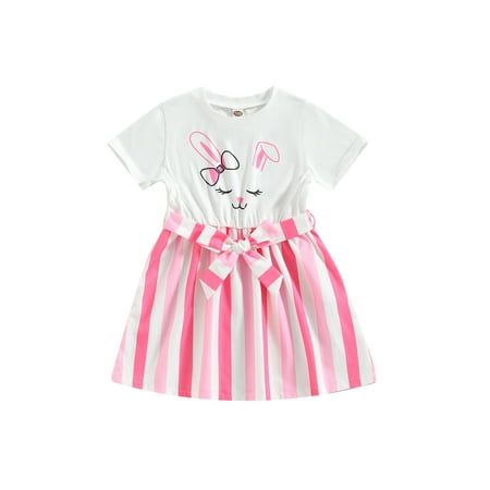

Sunisery Easter Kids Little Girls Dress Rabbit Print Stripe Patchwork Short Sleeve Princess Dress with Waist Belt White　4-5 Years