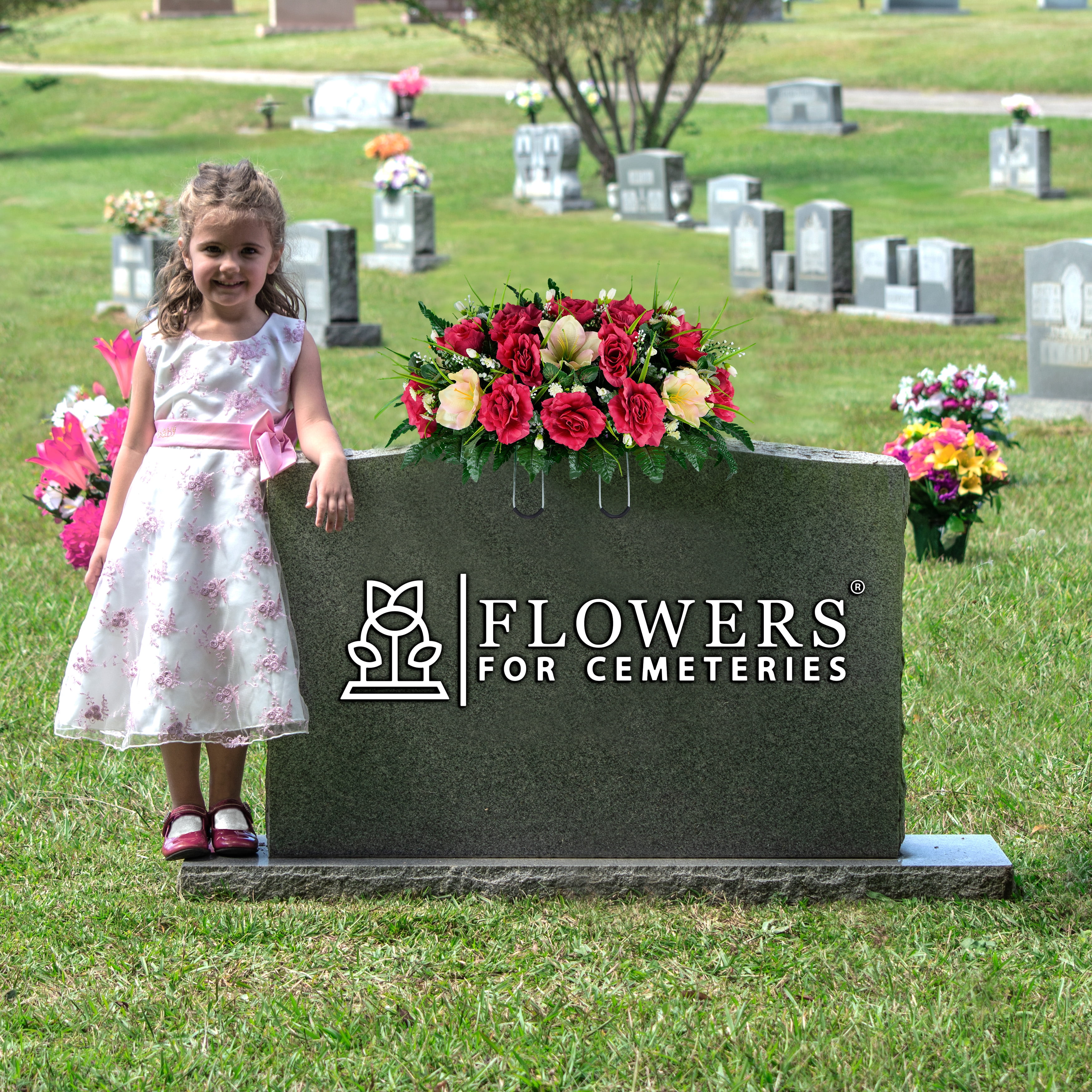 Sympathy Silks Artificial Cemetery Flowers 30" Cream Pink Amaryllis/Fuchsia Rose cemetery saddle