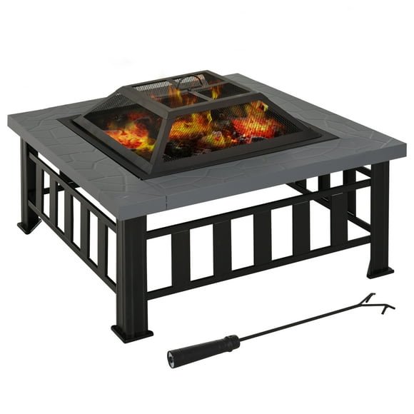 Outsunny 34" Outdoor Square Firepit Steel Stove Portable with Spark Screen Cover Log Grate Poker and Rain Cover for Outside Wood Burning and Camping Black