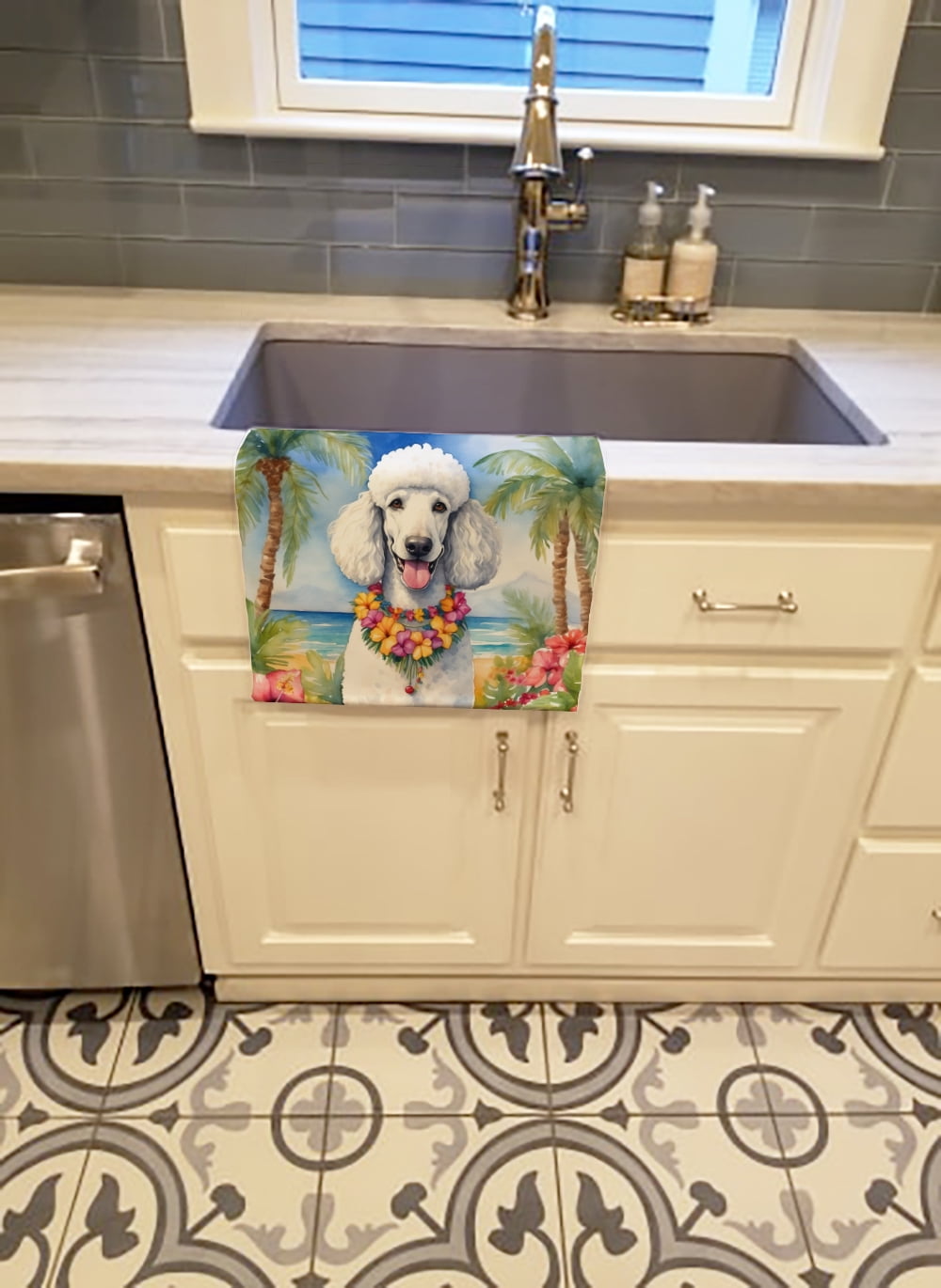 White Poodle Luau Kitchen Towel 15 in x 25 in