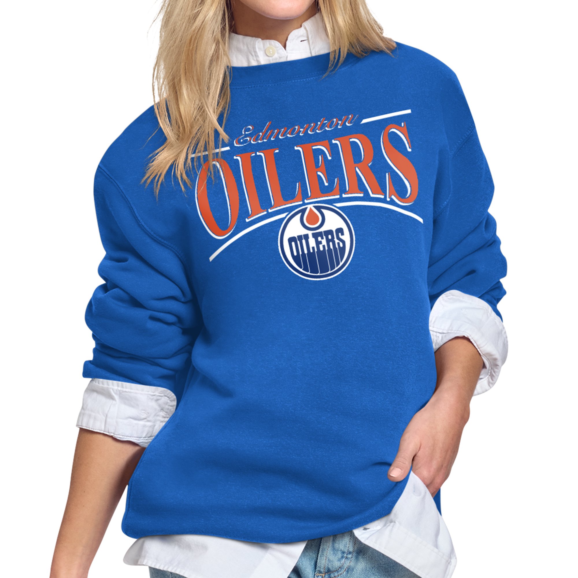Women's Starter Royal Edmonton Oilers Arch Stripe Fleece Sweatshirt