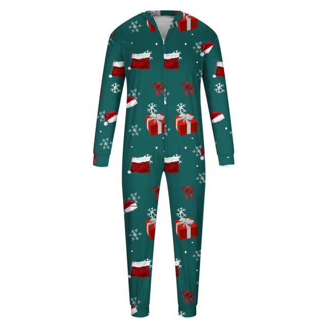 Dvkptbk Christmas Pajamas for Family Men's Long Sleeve Printed Loungewear Hooded Jumpsuit Bodysuit Jumpsuit (Father) Parenting Clothes