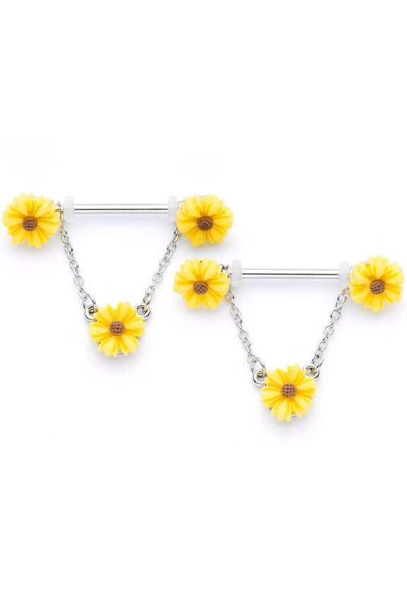 14G Womens Nipplerings Piercing Steel 2Pc Summer Yellow Sunflowers Dangle Nipple Ring Set 5/8"