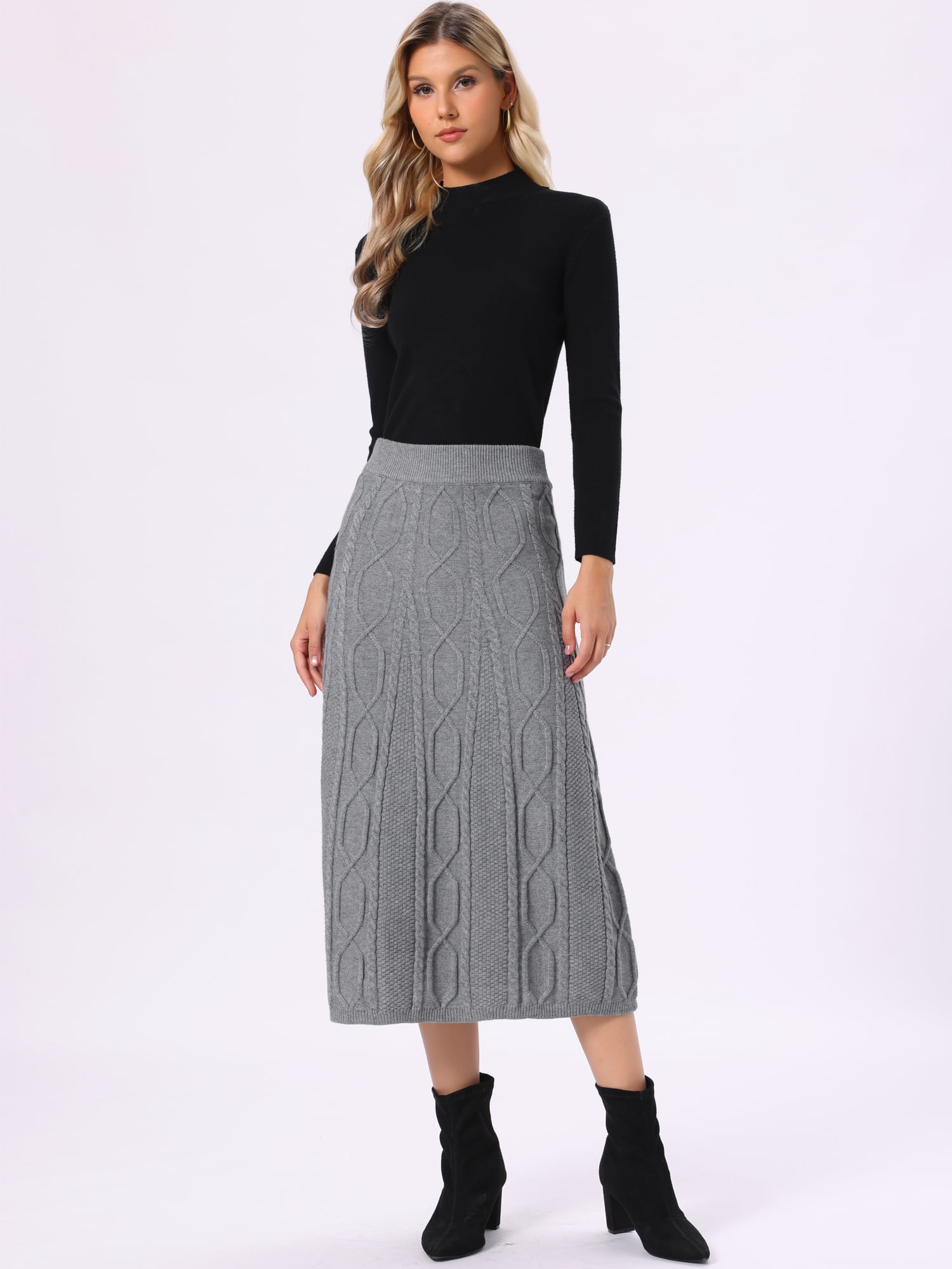 DARING DIVA Women's Cable Knit Sweater Skirt A-Line Ribbed Knit Midi Skirt XL Gray