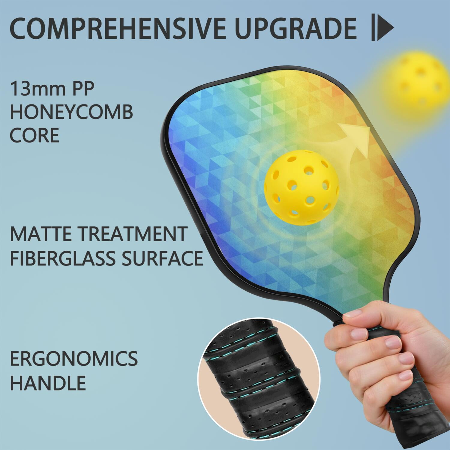 Pickleball Paddles Set Of 1, Fiberglass Surface, Vibrant Rainbow Print, 1 Paddle, 2 Balls & Bag