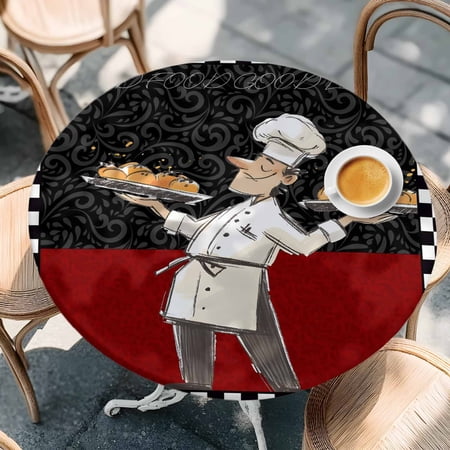 Funny Chef Kitchen Cooking Round Fitted Tablecloth with Elastic Edge Waterproof Table Cloth Fits Tables Up to 36 -44 Wipeable Washable Table Cover for Indoor Outdoor Dinning Black and White Checker