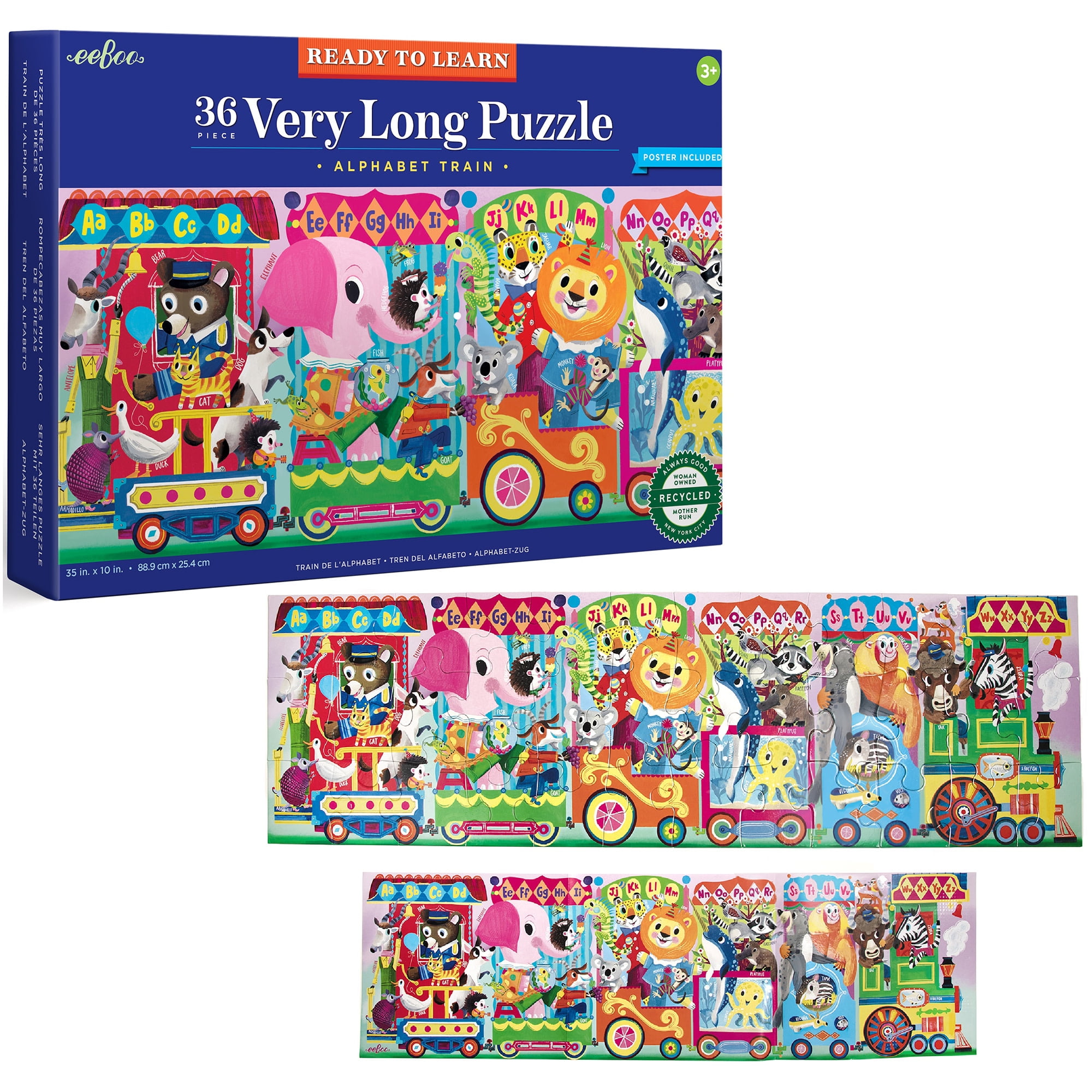 eeBoo Alphabet Train  36 Piece Long Puzzle with Poster for Kids, 35" x 10" once completed, 3 Years and Up.