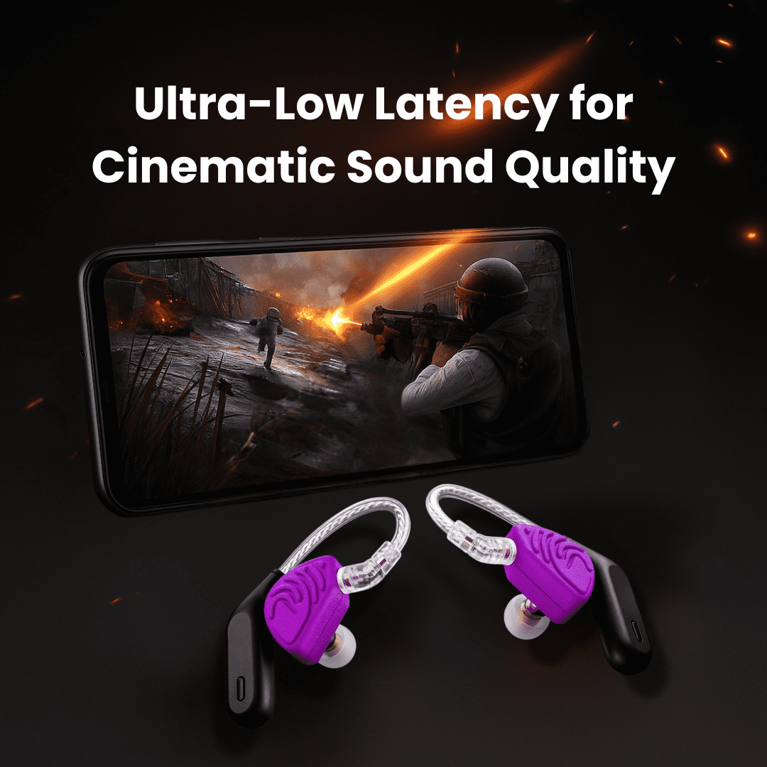 Jrumz XP02 True Wireless Bluetooth Earbuds with Microphone, Rechargeable Case, Replacement Eartips, Earhooks, Sweat-Resistant, Fast Charging, 48-Hour Playtime – Purple
