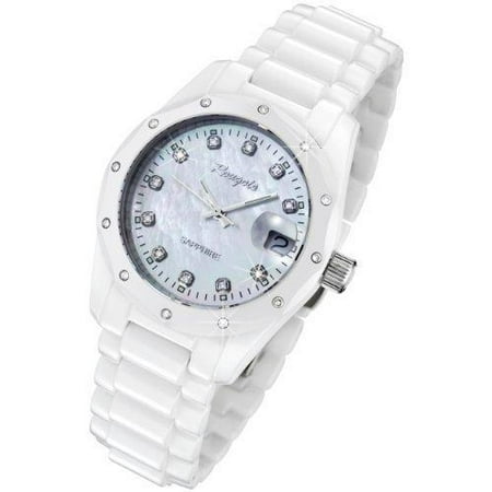 Rougois Women's White Ceramic Watch with 23 Genuine Diamonds and Mother of Pearl Dial