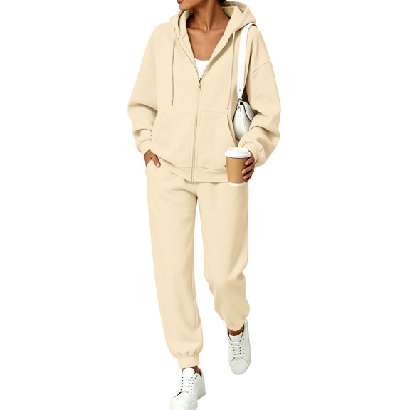 KDDYLITQ Workout Sets for Women Drawstring Jogger Sweatpants Matching Long Sleeve Zip Up Hoodies Athleisure Lightweight 2026 Sweatsuit with Pockets Beige S