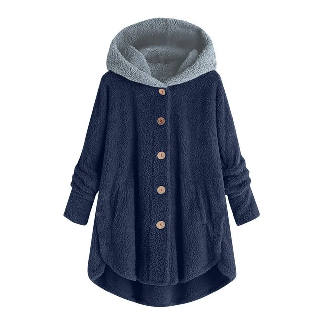 Lindbes Clearance Womens Plus Size Button Jacket Plush Solid Color Hooded Jacket Loose Cardigan Coat Winter Jacket Sweater