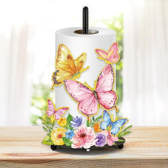 Spring Paper Towel Holder Colorful Butterfly Floral Large Metal Towel Holder Stand for Home Party Kitchen Bathroom Countertop Decor Accessories
