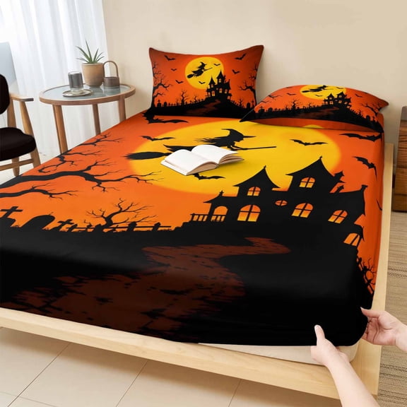 King Size Fitted Sheet Set - Orange Witch Halloween 3 Piece Bedding Sets 16" Deep Pocket Fitted Sheet with 2 Pillowcases, Black Tree Bats Castle Brushed Microfiber Hotel Luxury Bed Sheets