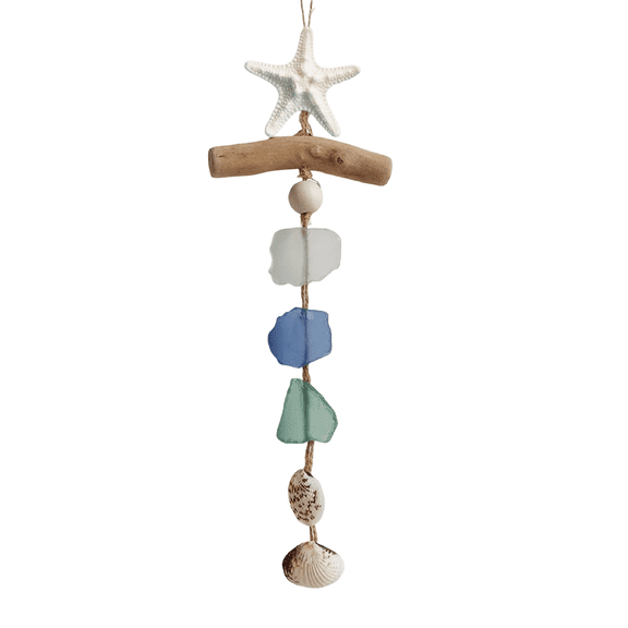 Floating Wood and Sea Glass Hanging Ornament Coastal Ocean Wall Art for Indoor Home Decoration 10x4 Inch Beige