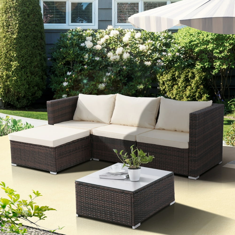 Uenjoy 5PC Wicker Rattan Patio Sofa Set Outdoor Garden Furniture,Brown