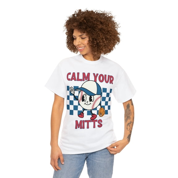 Retro Calm Your Mitts Baseball Shirt Women's Vintage Unisex Graphic Tee White Large