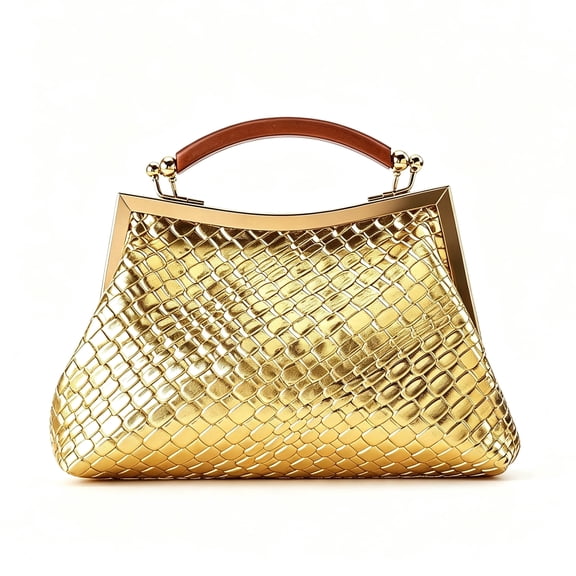 Women's Metallic Crocodile Pattern Evening Handbag, Vintage Gold Top Handle Clutch Purse for Wedding, Party and Formal Events