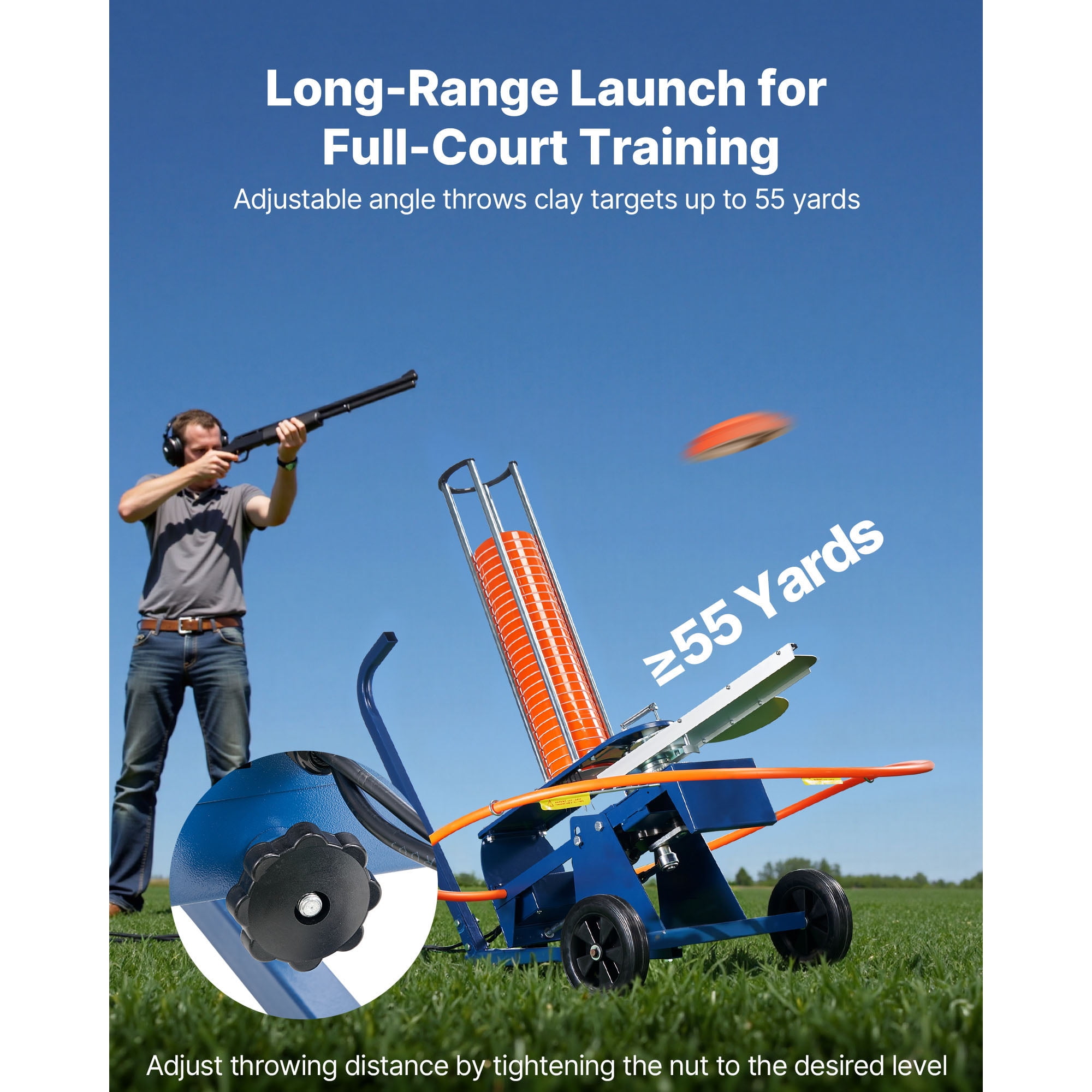 KFFKFF Automatic Clay Target Launcher with Adjustable Angle, Foot Pedal, and Pull Handle - Holds Up to 50 Targets, Throws Over 55 Yards, Ideal for Shooting Practice and Sports