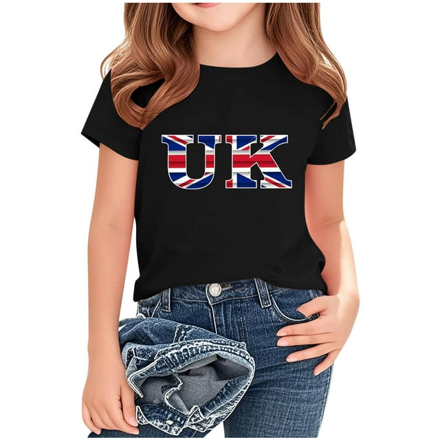 Chemisier à Manches Courtes à Col Rond Imprimé Drapeau Britannique pour Enfants, Tissu en Polyester, Tenue Décontractée pour l'École, Coupe Douce et Confortable, Haut Estival et Printanier Respirant, Lavable à la Machine